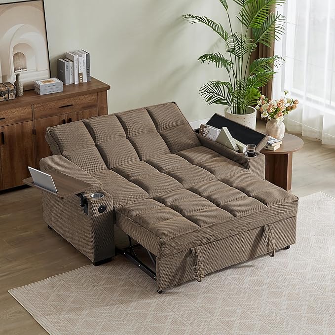 Eafurn Convertible Sleeper Sofa Bed with 360° Swivel Table & USB Ports, Tufted Chenille Loveseat Pull-Out Couch with Storage Armrest & Cup Holders, 6-Level Adjustable Backrest