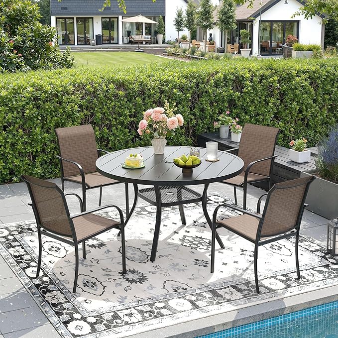 DIFY Outdoor Dining Set for 4, Patio Dining Furniture Set Includes 42" Black Round Table with Adjustable Umbrella Hole and 4 Brown Stackable Metal Chairs for Poolside, Garden, Backyard by DIFY