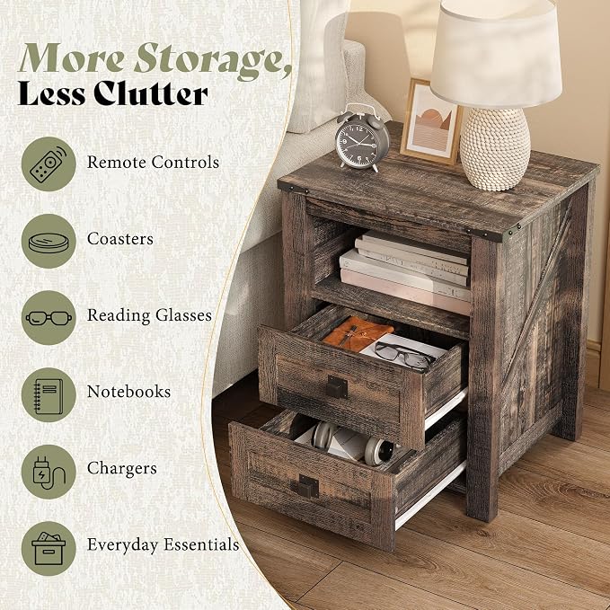 AMERLIFE 18" Farmhouse Nightstand Set of 2, Wooden Bedside Table with 2 Drawers & Open Shelf, Rustic End Table for Bedroom/Living Room, Black Oak - Image 5