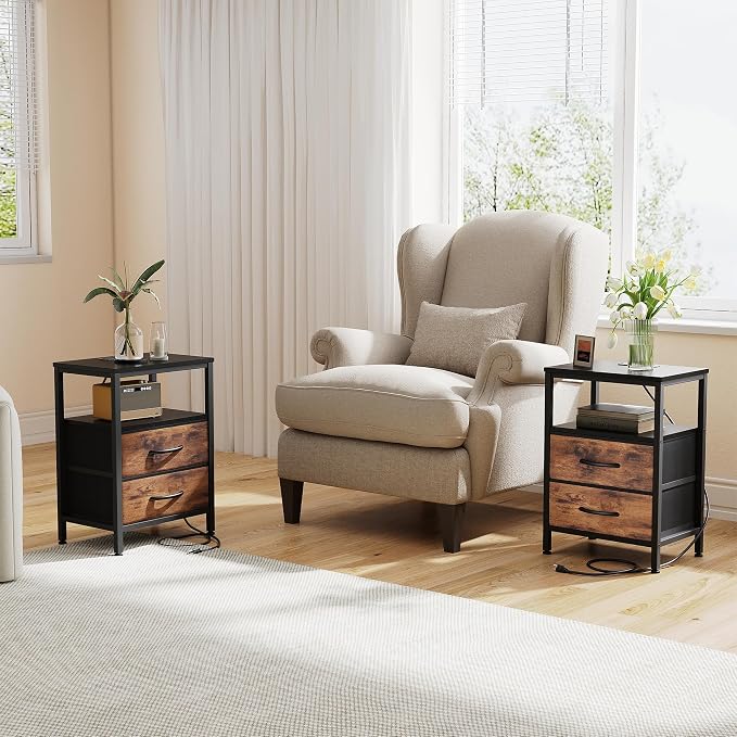 DUMOS Nightstand Set of 2 with Built in Charging Station USB Ports and Outlets Adjustable Fabric Drawer Storage Bedside Table with Open Shelf for Bedroom,Black and Brown - Image 2