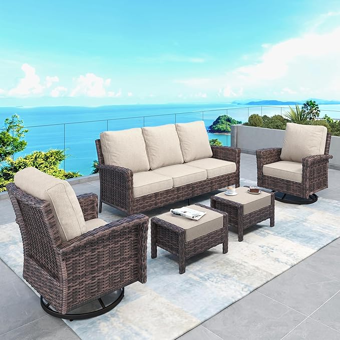5 Pieces Patio Furniture Set with Swivel Chairs, High Back Wicker Rattan Sofa with Extra Thick Cushion and Ottoman, Outdoor Conversation Set for Garden Backyard Deck,Beige