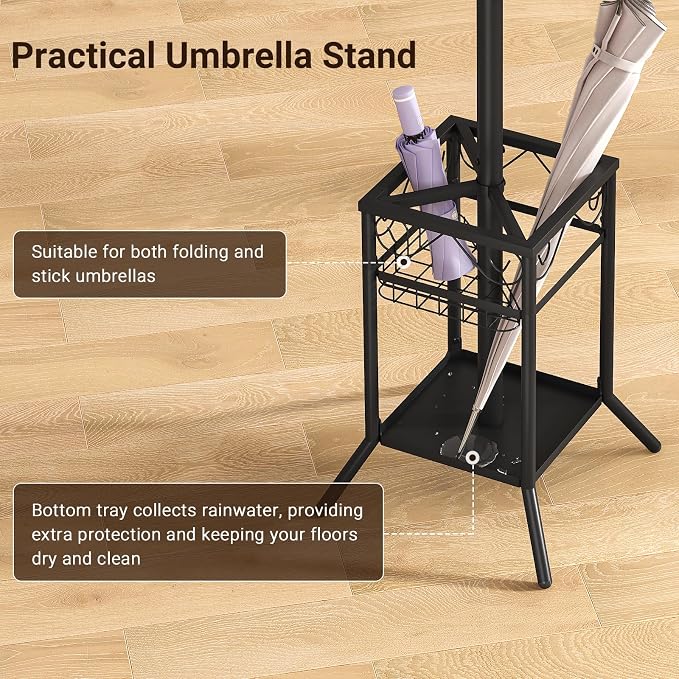 ELYKEN Coat Rack Freestanding, Metal Coat Rack Stand with Umbrella Holder, Modern Coat Tree with 12 Hooks, Floor Standing Corner Hall Tree for Entryway Living Room Bedroom Office, Brown - Image 4