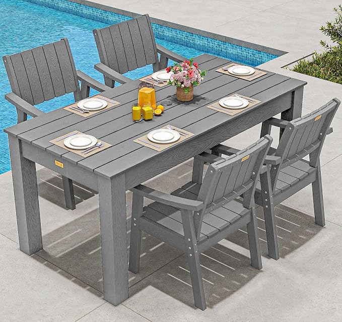 ZHUSI Patio Table and Chairs Set, Outdoor Table and Chairs,HDPE Outdoor Dining Set with Umbrella Hole for Backyard, Poolside, Porch 6 Armchairs by ZHUSI