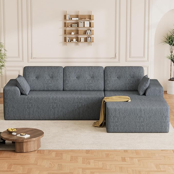 Ball & Cast 106" Cloud Sectional Couch, Compressed L-Shaped Sofa with Deep Seat Chaise, Boneless No Assembly Modular Couch, Foam & Spring Support, 2 Boxes (Right Facing, Chenille Dark Grey)