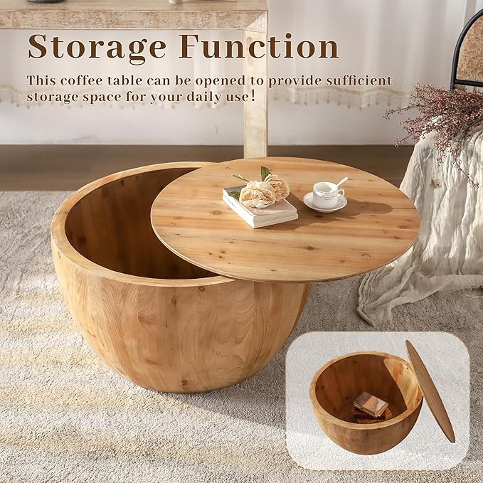 31.50" Coffee Table with Storage, Round Drum Coffee Table for Office, Dining Room and Living Room, Nature
