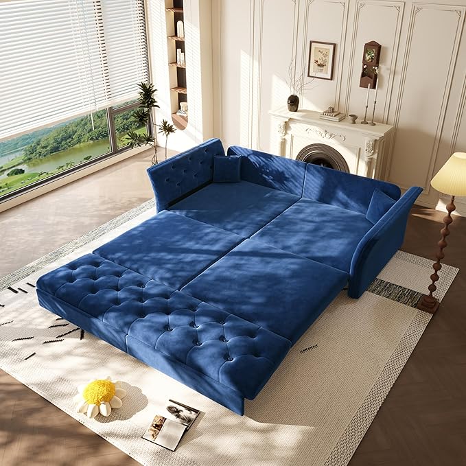 ERYE 3-in-1 Foldable Sleeper Sofa Bed Velvet Fabric Loveseat Sofabed, 74-Inch Queen Loveseat Convertible Pull Out Sleeper Couch Bed with Flower Tufted Accent, Easy Assemble
