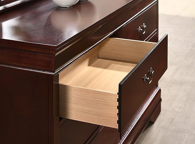 Roundhill Furniture Isola Louis Philippe Style Sleigh Bedroom Set, King Bed, Dresser, Mirror and Night Stand, Cherry Finish
