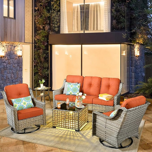 HOOOWOOO 5 Piece Patio Furniture Conversation Sets with Swivel Rocking Chairs,Outdoor Wicker Furniture with LED Tablet,All Weather Resistant High Back Rattan Conversational Set(Red)
