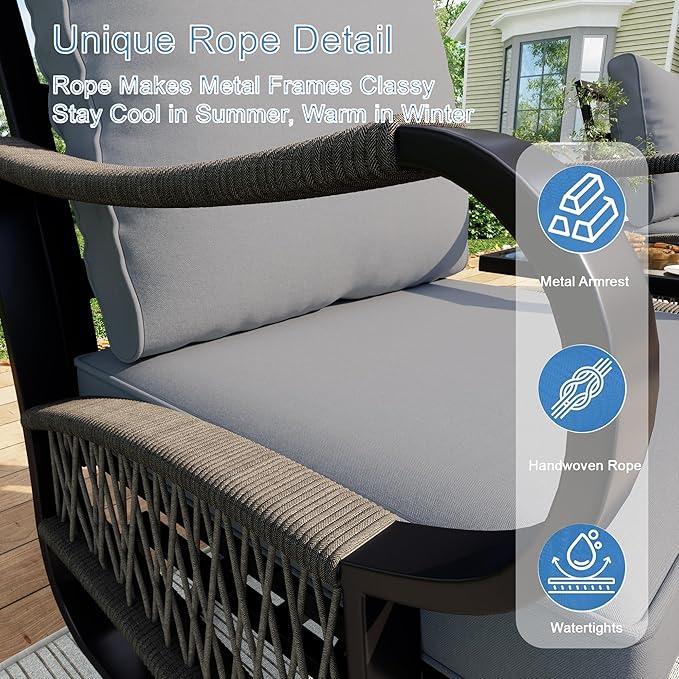 4 Pieces Outdoor Patio Furniture Set, All Weather Metal Loveseat Sofa Chairs with Coffee Table, Conversation Sets for Backyard Garden Deck Poolside Porch, Gray