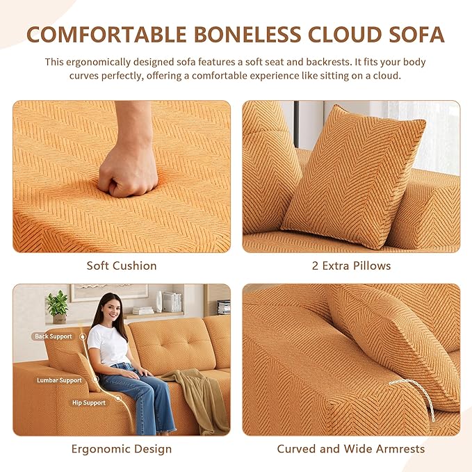 Ball & Cast 106" Cloud Modular Sectional Sofa, Boneless Chenille Couch with Deep Seat, Comfy L-Shaped Sectional, Modern Upholstered Sofa for Living Room, No Assembly (Orange, Right Facing Chaise)
