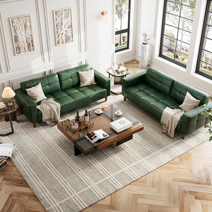 GarveeHome 3-Seater Sofa Couch, 83 in Wide Faux Leather Sofa Couch with Spring Cushion, Modern Sofa with Deep Seats and 2 Removable Back Cushions, for Living Room, Bedroom, Apartment, Office, Green