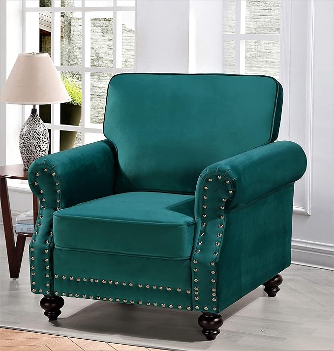 Lotus Mid Century Modern Velvet Upholstered Living Room Rolled Arms, Chair, Pine Green