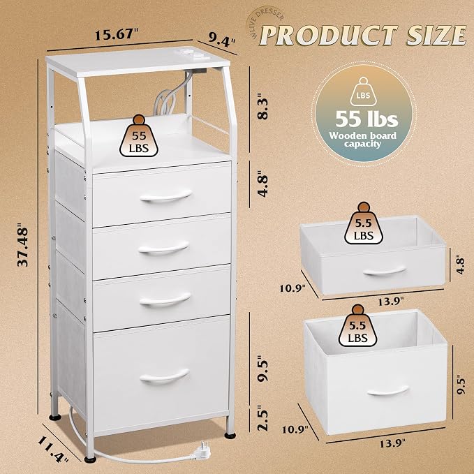 WLIVE Night Stand with Charger Station, White Nightstand with LED Light and 4 Storage Drawers, Tall Dresser for Bedroom, 37.48" H Bedside Table with Fabric Bins, Wood Shelf - Image 3
