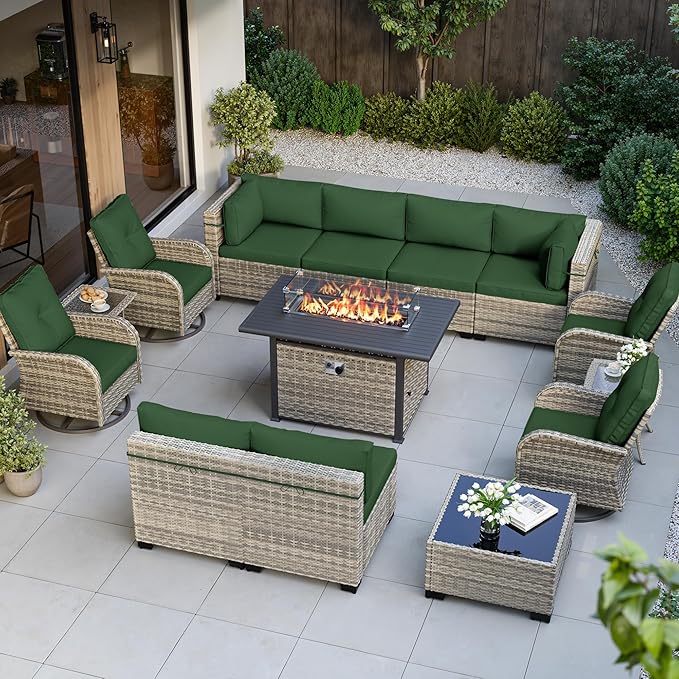 14-Piece Outdoor Patio Furniture Set with Rocking Swivel Chair, Wicker Rattan Sectional Sofa Conversation Set with 55,000 BTU Fire Pit Table, Backyard Furniture, Green