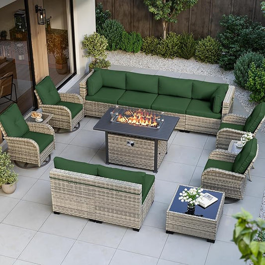 14-Piece Outdoor Patio Furniture Set with Rocking Swivel Chair, Wicker Rattan Sectional Sofa Conversation Set with 55,000 BTU Fire Pit Table, Backyard Furniture, Green