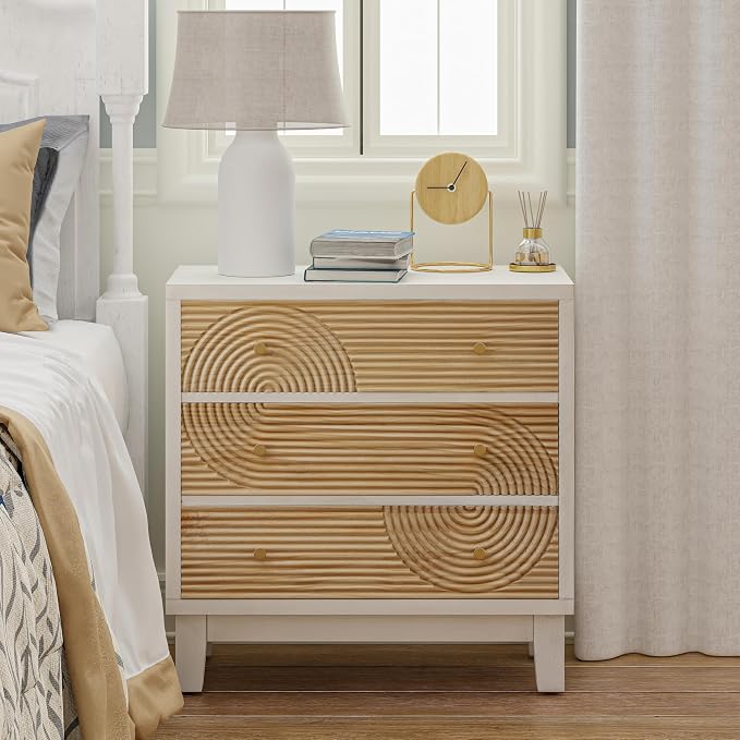 COZAYH 3-Drawer White Dresser X2 with Handicraft Wood Ring Motif, Fully Assembled Nightstand Wooden Finish for Boho, Mid-Century, Natural Wood, Rustic Style - Image 2