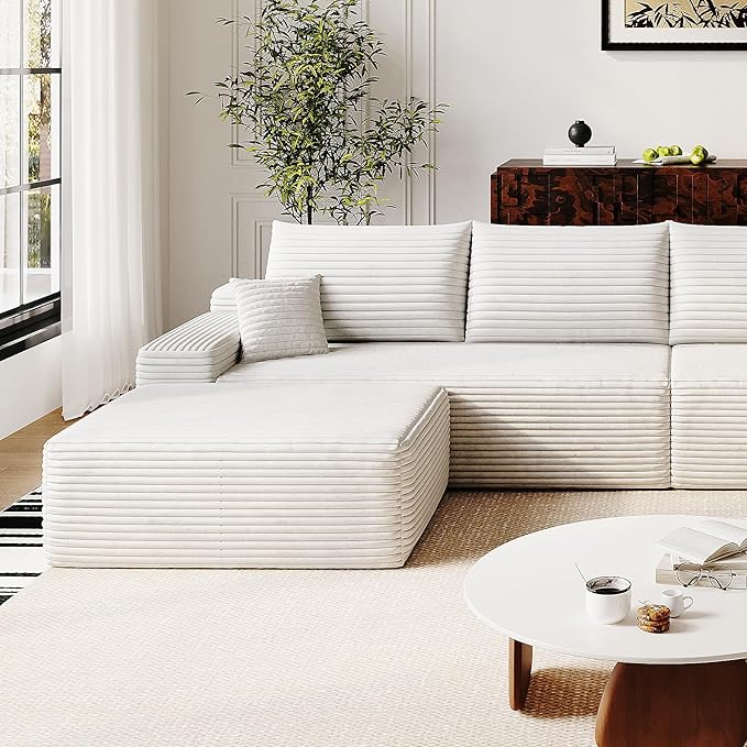 37.4" Plush Corduroy Ottoman, Upholstered Cloud Ottoman for Boneless Couch in a Box, Modular Sectional Couches for Living Room, Compressed Memory Foam, No Assembly Require, White