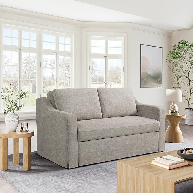 Serta Hawthorne 66.1" Slipcovered Convertible Sleeper Loveseat, Full Size, Dreamcoil Comfort, FingerGuard Pinch Point Protection, Polyester Tweed Fabric, Flax
