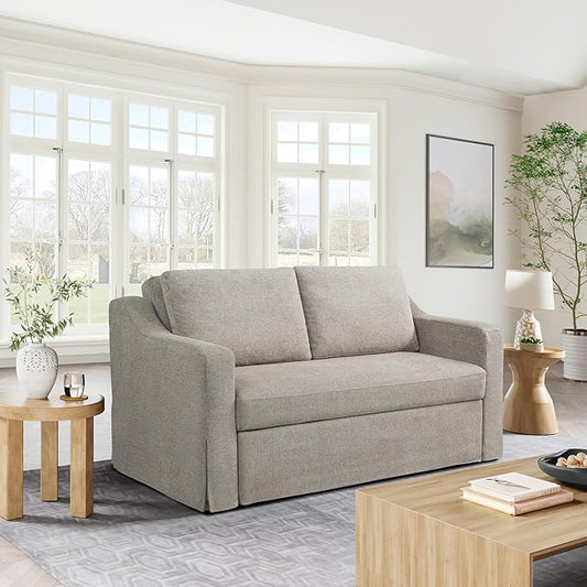 Serta Hawthorne 66.1" Slipcovered Convertible Sleeper Loveseat, Full Size, Dreamcoil Comfort, FingerGuard Pinch Point Protection, Polyester Tweed Fabric, Flax