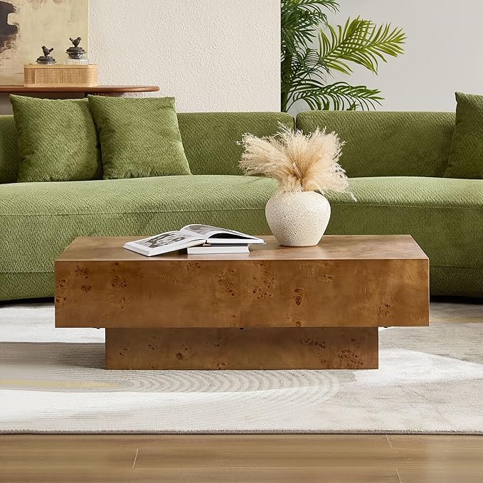 WILLIAMSPACE 43.31" Rectangle Coffee Table with Burl Wood Veneer & Sturdy Base, Modern Luxury Wood Drum Center Table Accent Side End Table for Living Room Apartment, Walnut