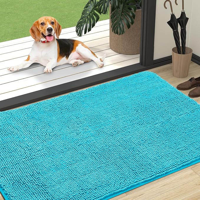 OLANLY Dog Door Mat for Muddy Paws 47x32, Absorbs Moisture and Dirt, Absorbent Non-Slip Washable Doormat, Quick Dry Chenille Mud Mat for Dogs, Entry Indoor Entryway Carpet for Inside Floor, Aqua Blue by OLANLY