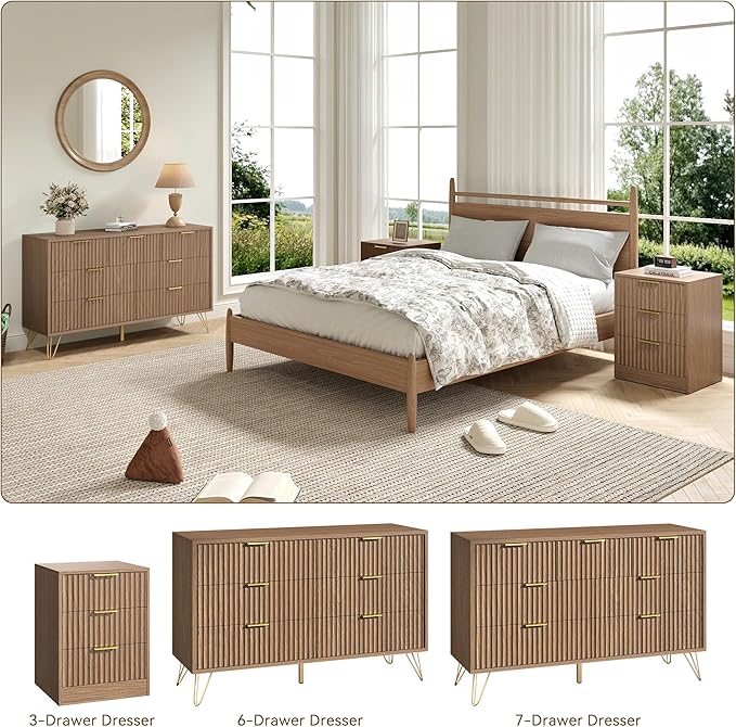 7 Drawer Dresser and Nightstand Sets for Bedroom, 3 Pcs Fluted Bedroom Set，3 Drawer Night Stand Set of 2 & 7 Drawer Dresser with Golden Handles, Wood Chest of Drawers Cabinet Set, Natural Oak