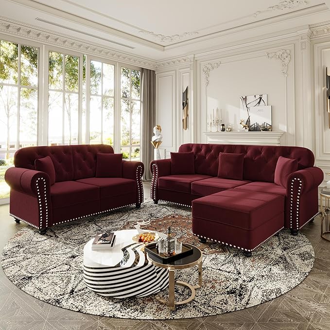 KEIKI 2-Piece Chesterfield Sofa Set with 1 Velvet 3-Seater Sofa & 1 Loveseat Sofa, Upholstered 5-Seater Couch Set with Nailhead Trim & Rolled Arms & 1 Ottoman & 5 Pillow, for Living Room, Burgundy