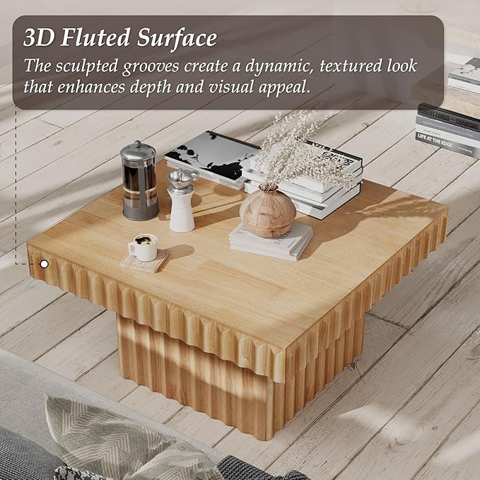 COZAYH Modern Square Fluted Wood Coffee Table with Natural Oak Finish, Geometric Accent Table Chunk Table for Living Room, Sturdy Rectangular Minimalist Centerpiece, Brown, Farmhouse