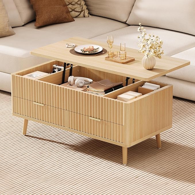 Lift Top Coffee Table with Storage - Fluted Wood Coffee Tables for Living Room with Drawers & Hidden Compartment, Mid Century Modern Square Large Center Table for Home Office, Reception