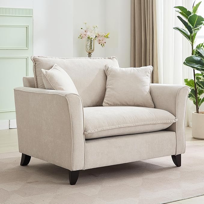 46.3 Inch Oversized Armchair Chenille Fabric Chair and a Half Single Sofa with Pillow Removable Washable Covers Rubberwood Legs Ruffled Armrests for Living Room Bedroom Office Apartment, Cream