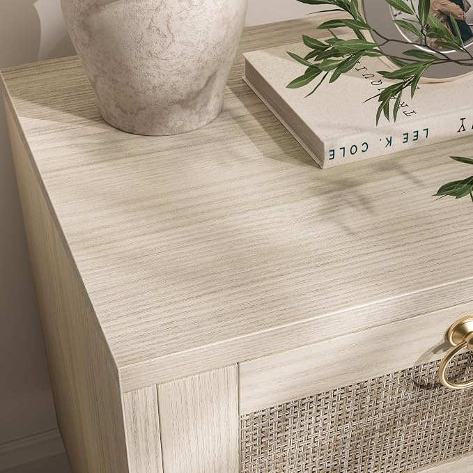 BOLUO Wooden Night Stand with 2 Drawer, Rattan Small Nightstand Boho Bedside Table for Bedroom Coastal - Image 5