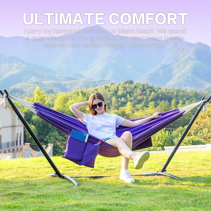 PNAEUT Double Hammocks with Stand for Outside, Portable Space Saving Heavy-Duty Steel Stand for Indoor Outdoor Patio with Carrying Bag, 450 lbs Capacity (Purple) - Image 2