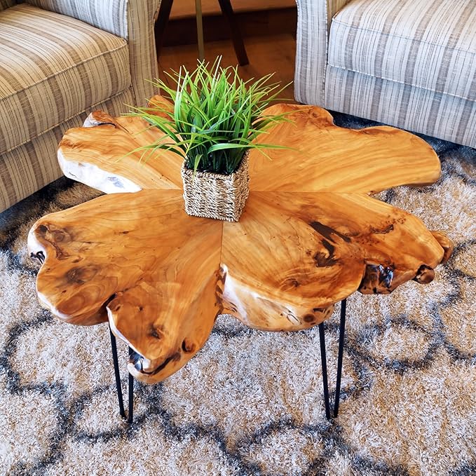 WELLAND Live Edge Cedar Coffee Table 32" W x 32" D x 20.5" H Rustic Round Table for Living Room, Patio, Bedroom, Home Office