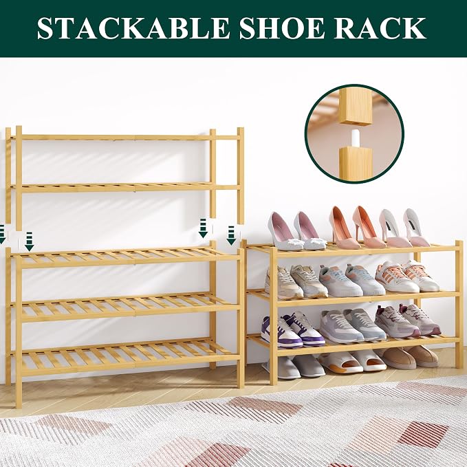 Smiry Bamboo Shoe Rack for Closet, 2 Tier Wooden Stackable Shoe Organizer, Free Standing Shoes Storage Shelf for Entryway, Front Door Entrance, Natural - Image 4
