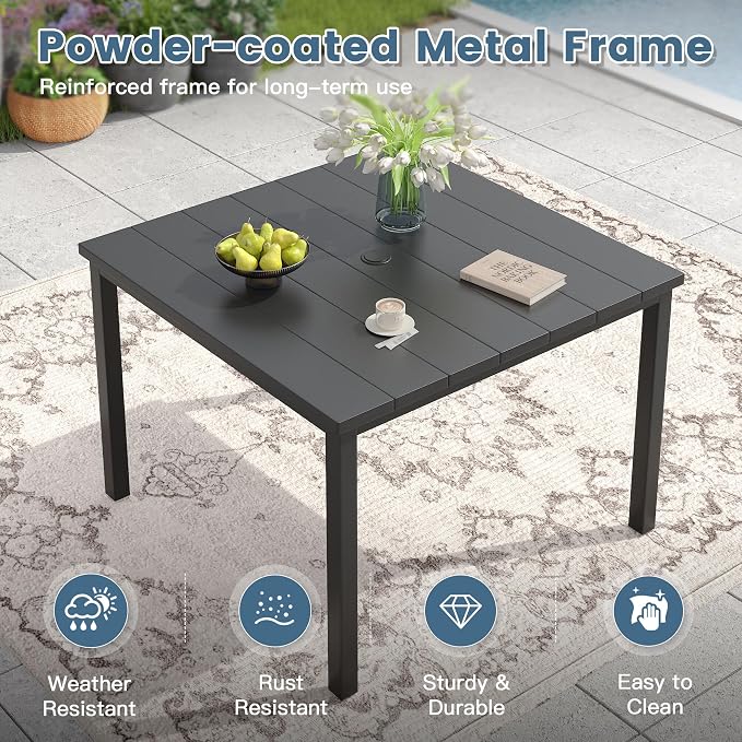 DIFY 5 Pieces Outdoor Patio Dining Set for 4, 40.2" Black Square Metal Dining Table and 4 Brown Stackable Textilene Patio Chairs, Outdoor Table and Chairs for Backyard Garden Poolside - Image 4