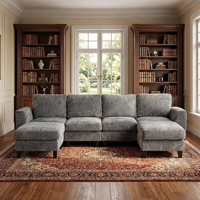 118" Sectional U-Shaped Cloud Couch, Modular Modern 4-Seat Sofa, with USB Type C Ports, Foldable Side Table and 2 Ottomans, for Home Living Room, Grey
