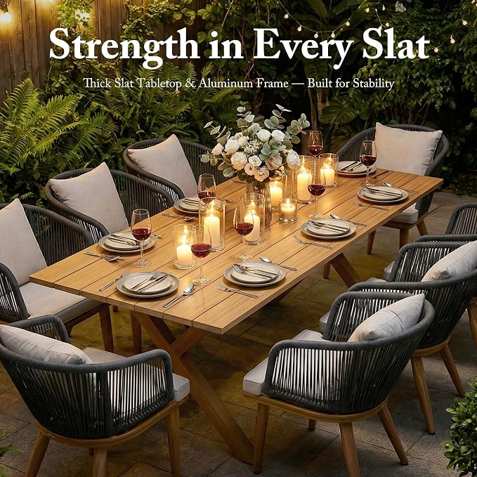 PURPLE LEAF 9 Pieces Patio Dining Set Wicker Outdoor Furniture Rectangular Table and Chairs Set for Garden Deck Teak-Finish Aluminum Frame Backyard Kitchen Set, Cushions and Pillows Included - Image 8