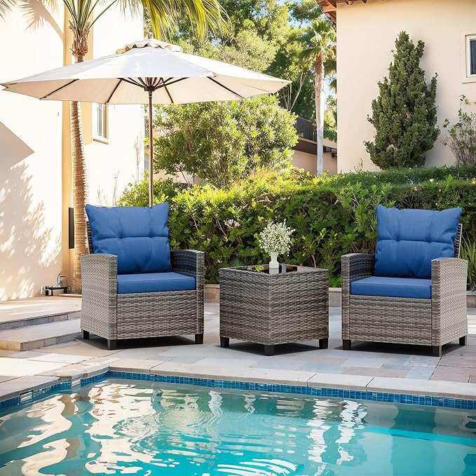 Vongrasig 3 Pieces Patio Furniture Set Small Outdoor Wicker Rattan Front Porch Bistro Set Cushioned Patio Chairs Conversation Set with Glass Table for Lawn, Garden, Backyard, Balcony, Blue