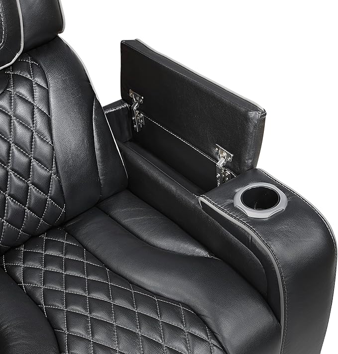 Lexicon Power Double Reclining Sofa, Center Drop-Down Table with Heat/Massage/Headrest/Storage Arms/Cup Holders/LED Lights/Wireless Charging, Top Grain Leather Match Wall Hugger Recliner Sofa, Black