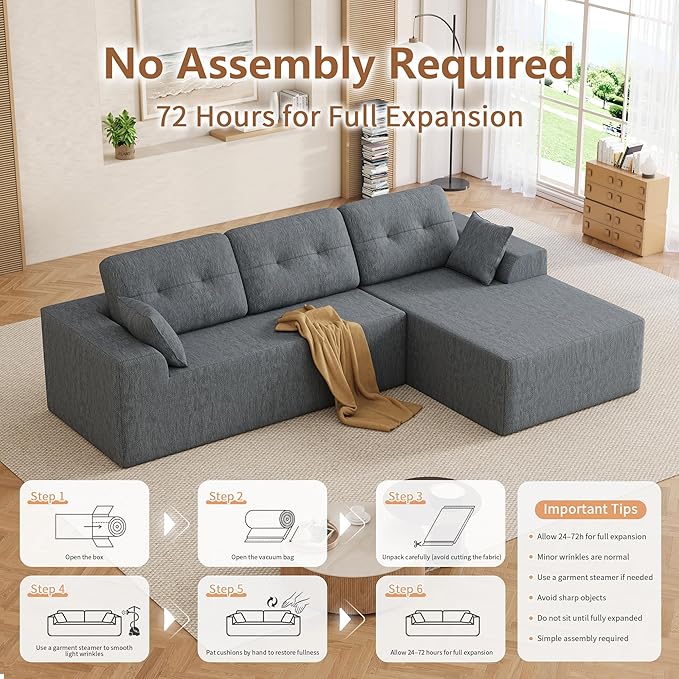Ball & Cast 106" Modular Sectional Sofa,Cloud Chenille Couch with Deep Seat,Boneless L-Shaped Sectional,Modern Comfort Upholstered Sofa for Living Room,No Assembly Required (Gray, Right Facing Chaise)