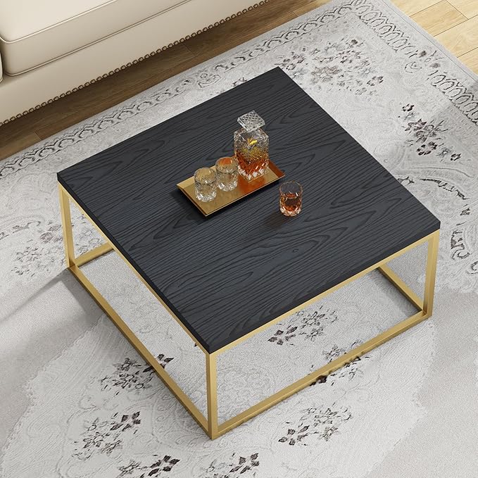 CENSI 30" Square Coffee Table, Black Oak & Gold Living Room Center Table, Modern Industrial Glam Style, Extra Thick 1.2" Wood Top, Sturdy Metal Frame, Luxury Cocktail Table, Easy Assembly