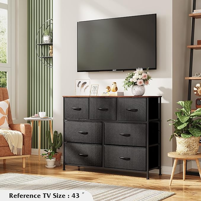 WLIVE 7 Drawer Dresser TV Stand, Entertainment Center, Media Console Table with Metal Frame and Wood Top for TV up to 45 inch, Chest of Drawers for Bedroom, Living Room, Black and Rustic Brown - Image 4