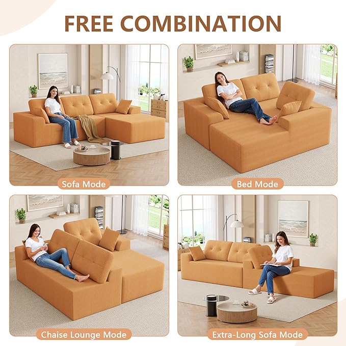 Ball & Cast 106" Cloud Modular Sectional Sofa, Boneless Chenille Couch with Deep Seat, Comfy L-Shaped Sectional, Modern Upholstered Sofa for Living Room, No Assembly (Orange, Right Facing Chaise)