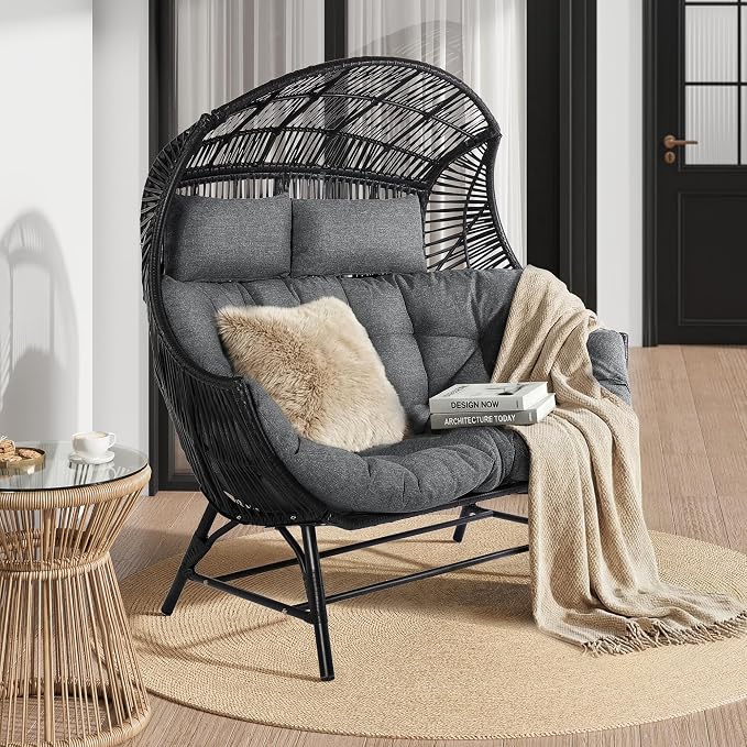 IRONCK Egg Chair Outdoor, Double Wicker Egg Lounge Chair, Upgraded Feet, Handrest and Padded Cushion, 700Lbs, Oversized Loveseat for Backyard, Patio, Living Room, Gray by IRONCK