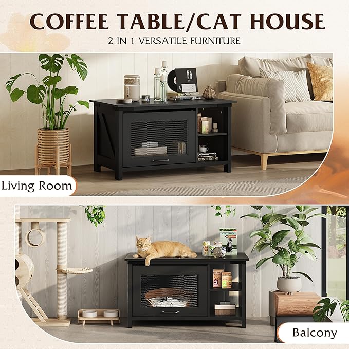 WLIVE Coffee Table with Storage, Modern Coffee Table with Flip-up Door, 2-in-1 Center Table Cat House Furniture for Living Room, Home, Black