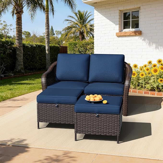 Outdoor Sectional Sofa Set | 55" 2-seat Outdoor Couch with 2 Ottomans, Outside Wicker Furniture with Removable Cushions for Bistro, Deck, Porch, Sunroom (Navy Blue)