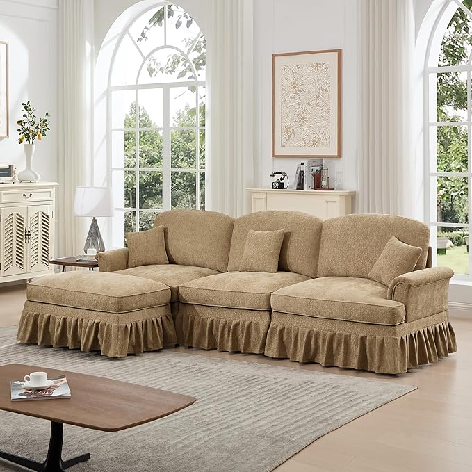 KEIKI Mid Century Modular Sofa with Flared Arms and Skirted Design, 107” Oversized 3-Seater with Ottoman Chenille L-Shaped Sectional Couches for Living Room, Chaise Lounge Indoor, Light Coffee