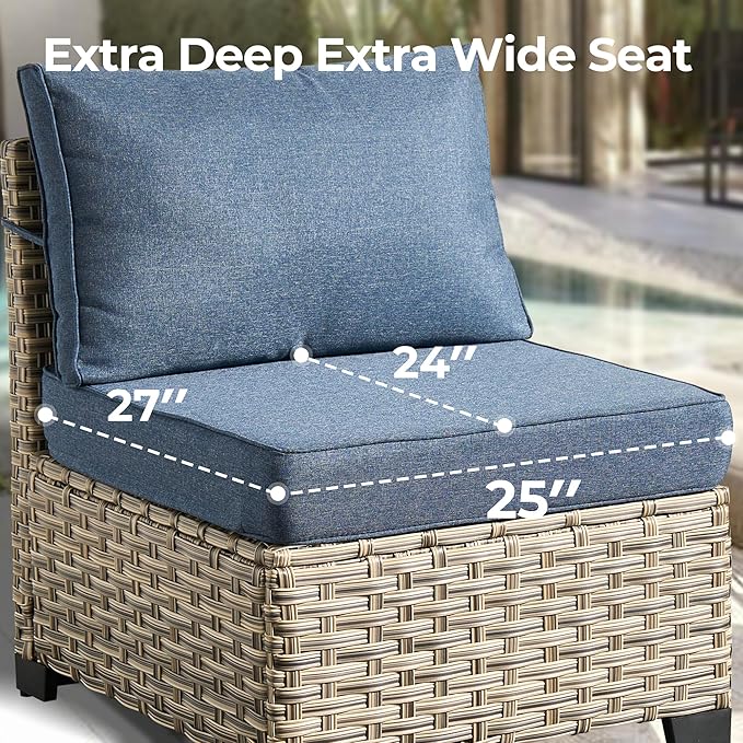 HOOOWOOO Outdoor Sectional Patio Furniture Set,8 Pieces Wicker Conversation Sets,Extra Deep Out Door Sofa Outside Furniture Couch with Swivel Chairs Ottoman,Denim Blue
