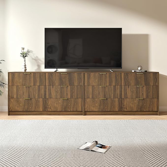 Walnut Dresser Set of 2, Long Dresser for Bedroom Wooden with 12 Drawers, Fluted Modern Bedroom Furniture Set, TV Stand Dressers & Chests of Drawers for Closet (15.7"D x 110.2"W x 31.8"H)