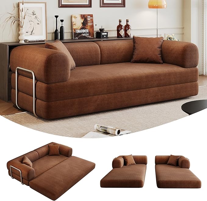 79" Convertible Sofa Bed, Corduroy Folding Pull Out Couch with Pillows, No Assembly Modern Boneless Couch Compression Sofa in Box, Floor Sofa with Support Rods for Living Room,Brown